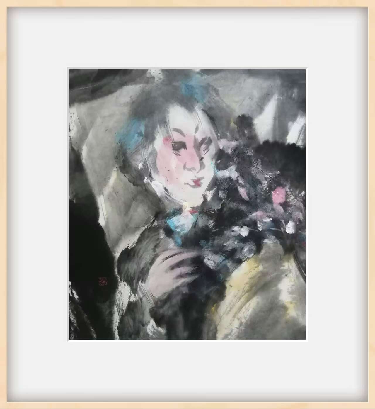 美女和花宣纸水墨62X54·19800